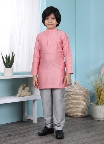 Pink Cotton Silk Plain Work Kurta Pyjama