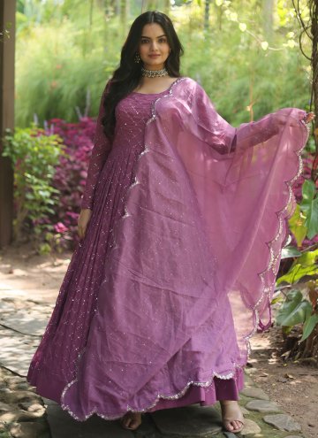Pink Designer Gown in Faux Georgette with Embroide