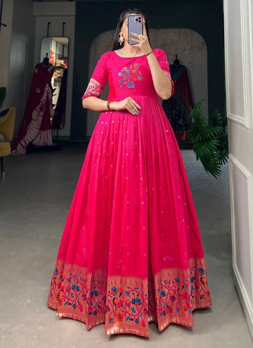 Pink Designer Gown in Jacquard Silk with Thread