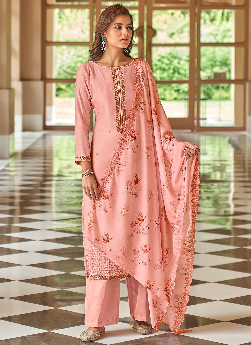 Pink Designer Palazzo Suit in Cotton Silk with Digital Print