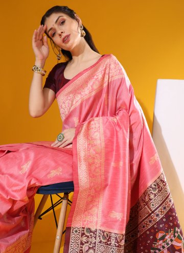 Pink Designer Saree in Handloom Silk with Woven