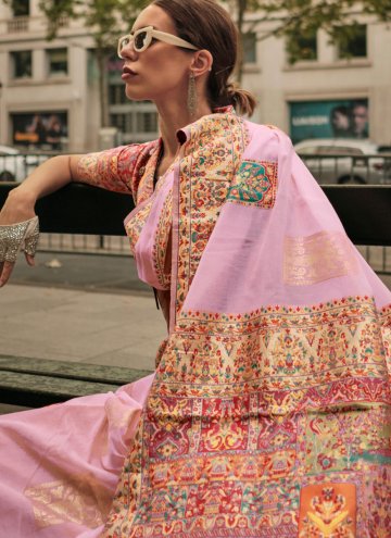 Pink Designer Saree in Handloom Silk with Woven