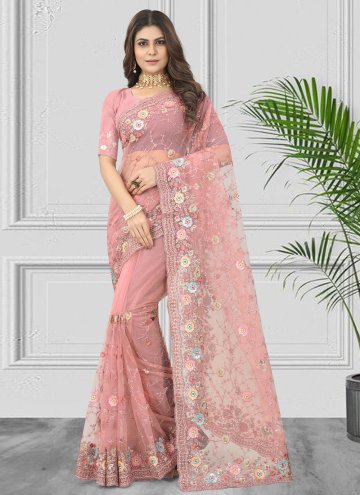 Pink Designer Saree in Net with Embroidered