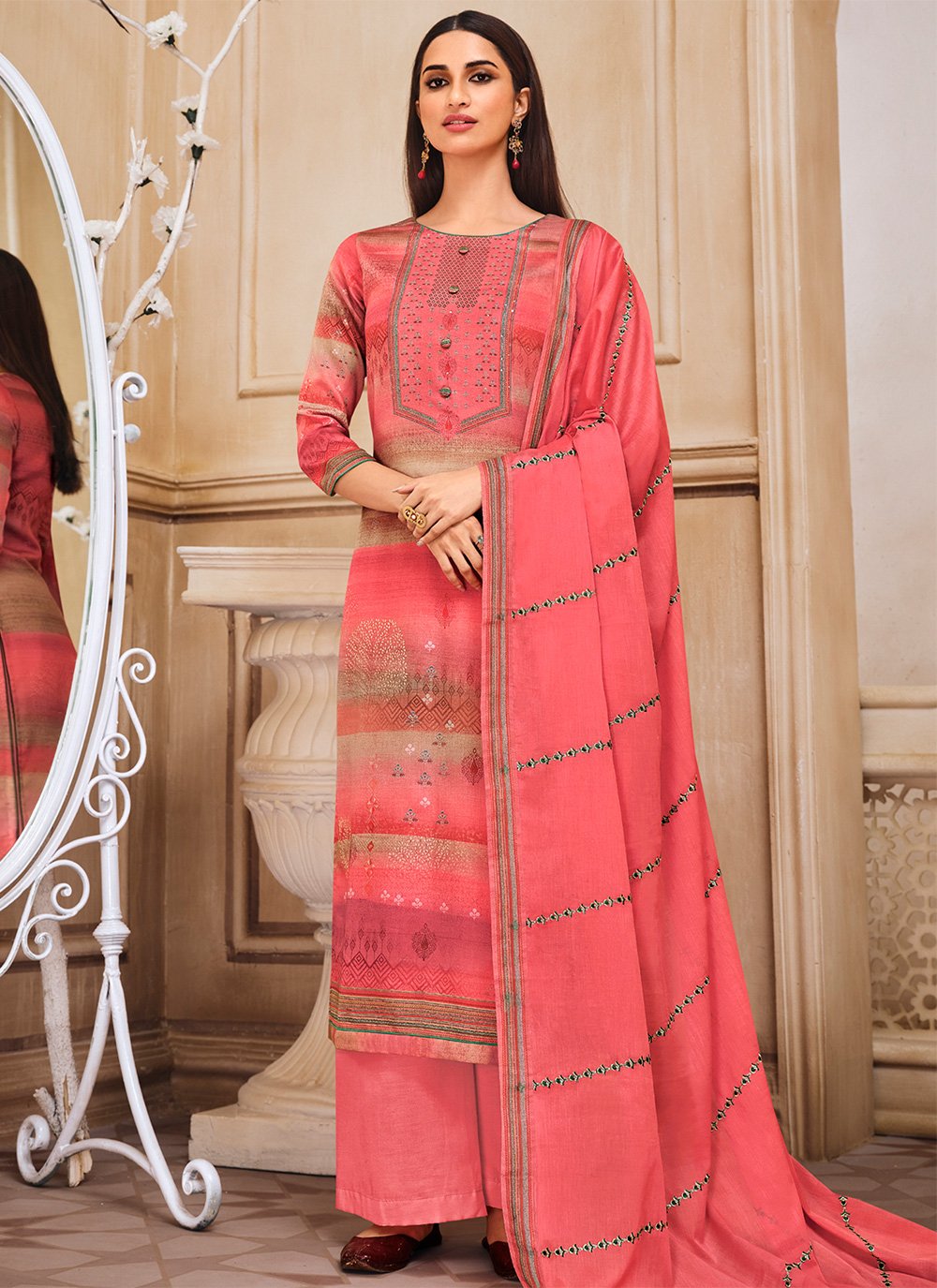 Pink Designer Straight Salwar Suit in Satin with Print