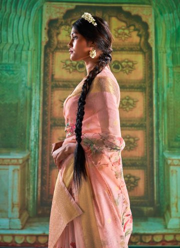 Pink Designer Traditional Saree in Linen with Digital Print