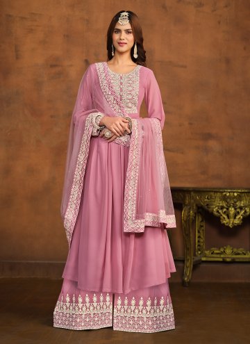 Pink Faux Georgette Embroidered Palazzo Suit