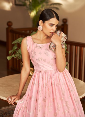 Pink Faux Georgette Foil Print Designer Gown for Festival