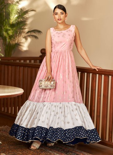 Pink Faux Georgette Foil Print Designer Gown for F