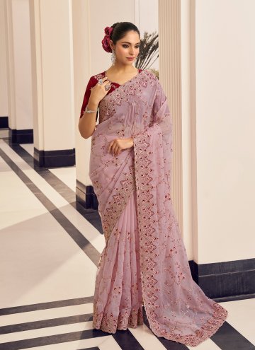 Pink Georgette Embroidered Designer Contemporary Saree for Ceremonial