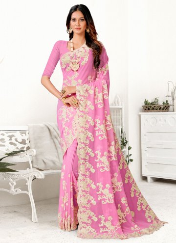 Pink Georgette Embroidered Trendy Saree for Festiv