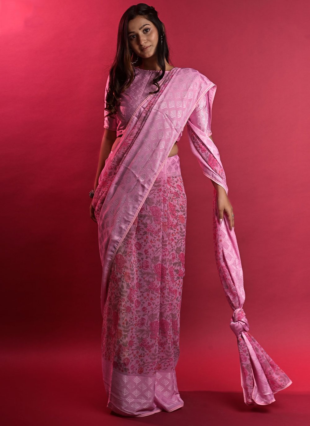 Pink Georgette Print Contemporary Saree for Casual