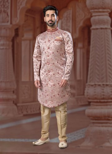 Pink Indo Western Sherwani in Jacquard with Fancy work