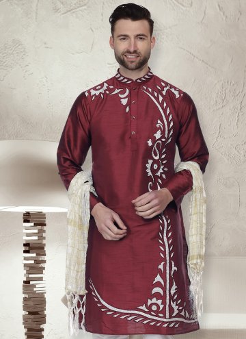 Pink Kurta in Art Dupion Silk with Embroidered