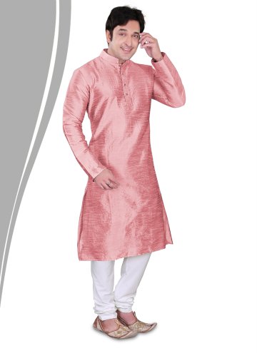 Pink Kurta Pyjama in Art Dupion Silk with Plain Work