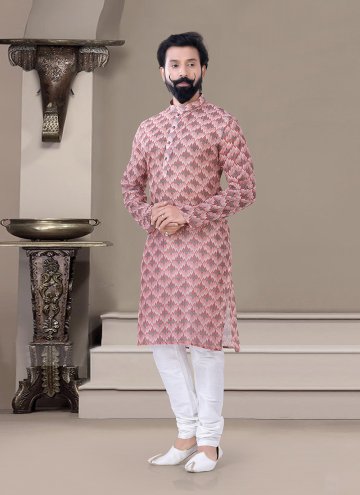 Pink Kurta Pyjama in Jacquard with Printed