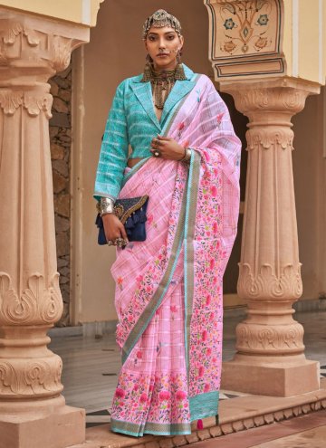 Pink Linen Floral Print Trendy Saree for Casual