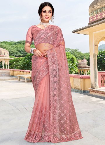 Pink Net Diamond Work Contemporary Saree for Party