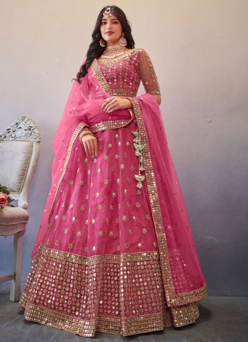 Pink Net Embroidered A Line Lehenga Choli for Engagement