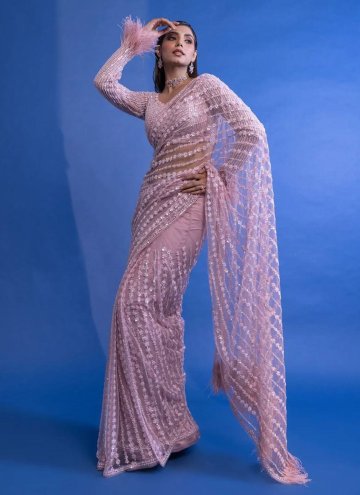 Pink Net Embroidered Classic Designer Saree for Ceremonial