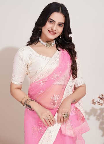 Pink Net Embroidered Contemporary Saree