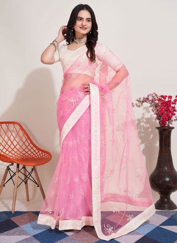 Pink Net Embroidered Contemporary Saree
