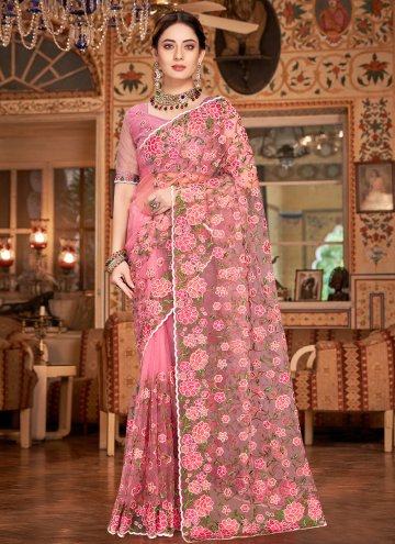 Pink Net Embroidered Contemporary Saree for Ceremo