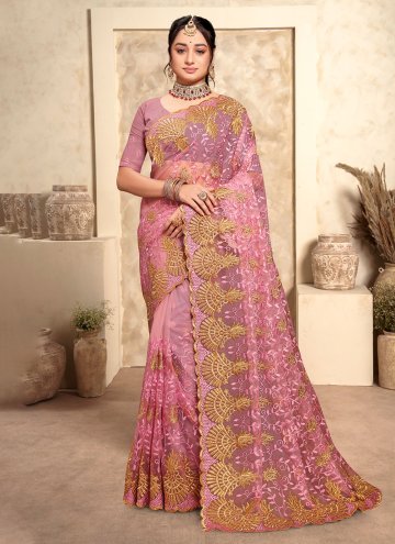 Pink Net Embroidered Contemporary Saree for Ceremonial