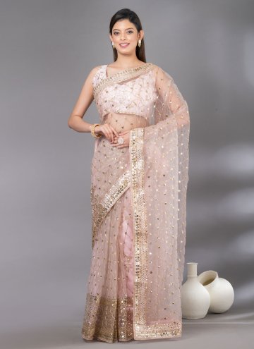 Pink Net Embroidered Trendy Saree for Ceremonial