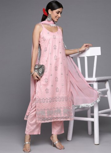 Pink Net Embroidered Trendy Straight Salwar Suit