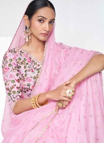 Pink Organza Mukesh Designer Saree for Mehndi