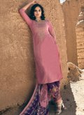 Pink Pakistani Suit in Velvet with Embroidered - 1