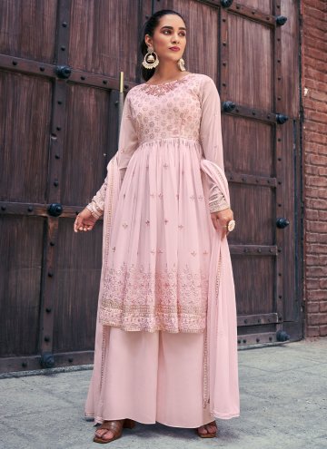 Pink Palazzo Suit in Georgette with Embroidered