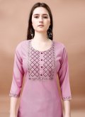 Pink Pant Style Suit in Blended Cotton with Embroidered - 1
