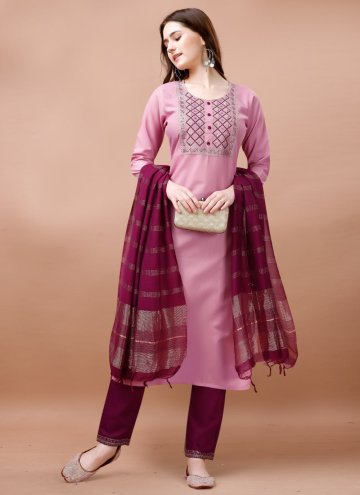 Pink Pant Style Suit in Blended Cotton with Embroi