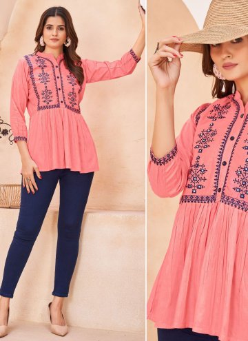 Pink Rayon Embroidered Designer Kurti for Casual