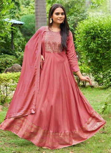 Pink Rayon Embroidered Readymade Designer Gown for Ceremonial