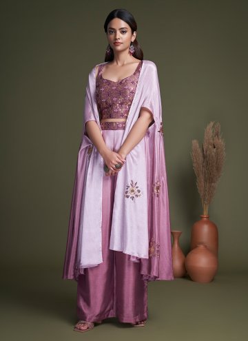 Pink Salwar Suit in Chinon with Embroidered