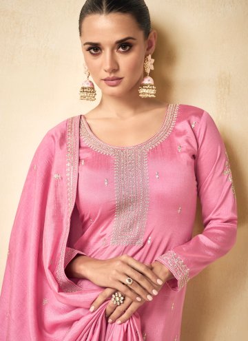 Pink Silk Embroidered Straight Salwar Kameez for Engagement