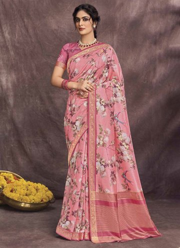 Pink Silk Floral Print Trendy Saree for Festival