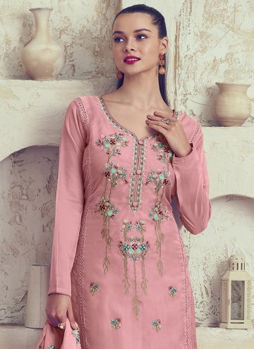 Pink Straight Salwar Suit in Organza with Embroide