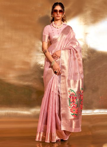 Pink Tissue Woven Trendy Saree for Ceremonial