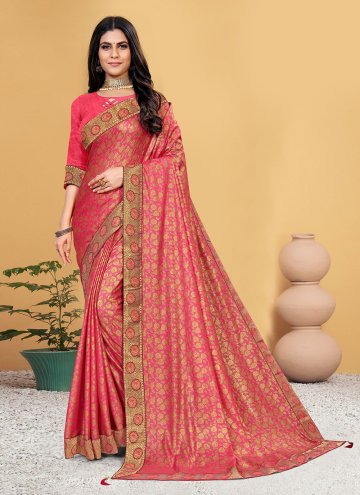 Pink Traditional Saree in Vichitra Silk with Patch