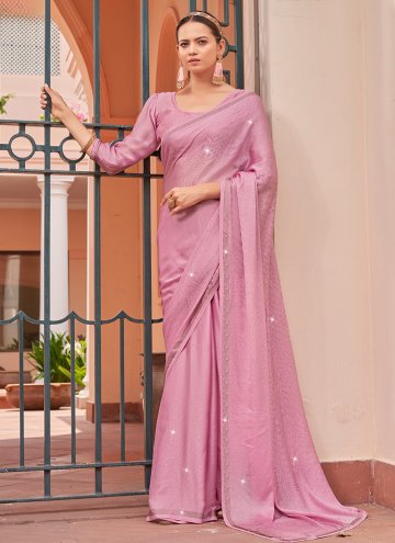 Pink Trendy Saree in Chiffon Satin with Swarovski