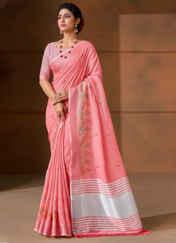 Pink Trendy Saree in Linen with Embroidered