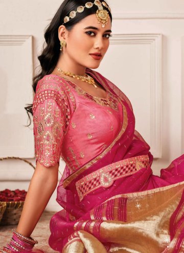 Pink Trendy Saree in Organza with Embroidered