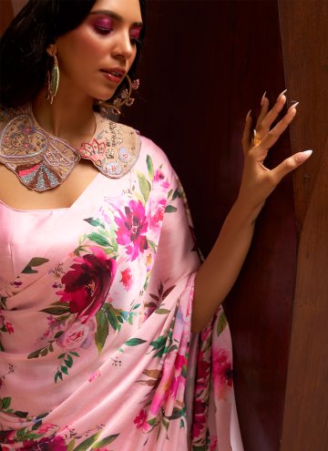 Pink Trendy Saree in Satin with Floral Print