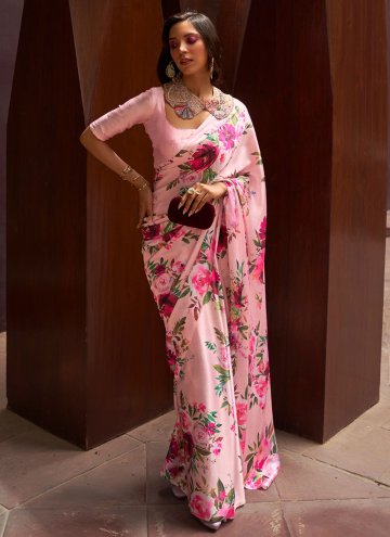 Pink Trendy Saree in Satin with Floral Print