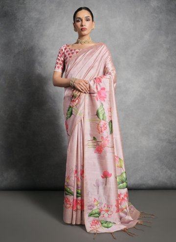 Pink Tussar Silk Printed Contemporary Saree for Ce