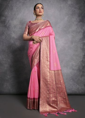 Pink Tussar Silk Woven Contemporary Saree for Cere