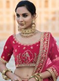 Pink Velvet Embroidered Lehenga Choli for Engagement - 1